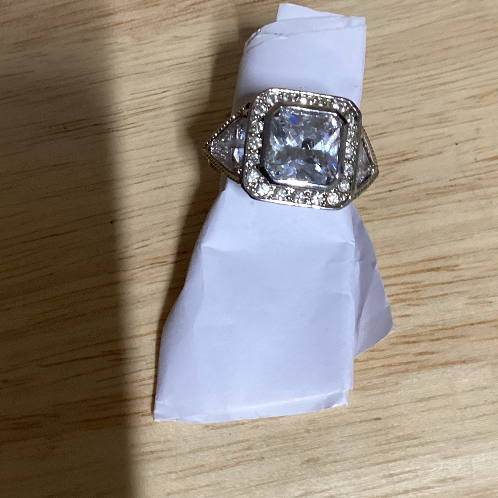 Sterling Silver-Tone Clear CZ Square Halo Ring - Women's Jewelry
